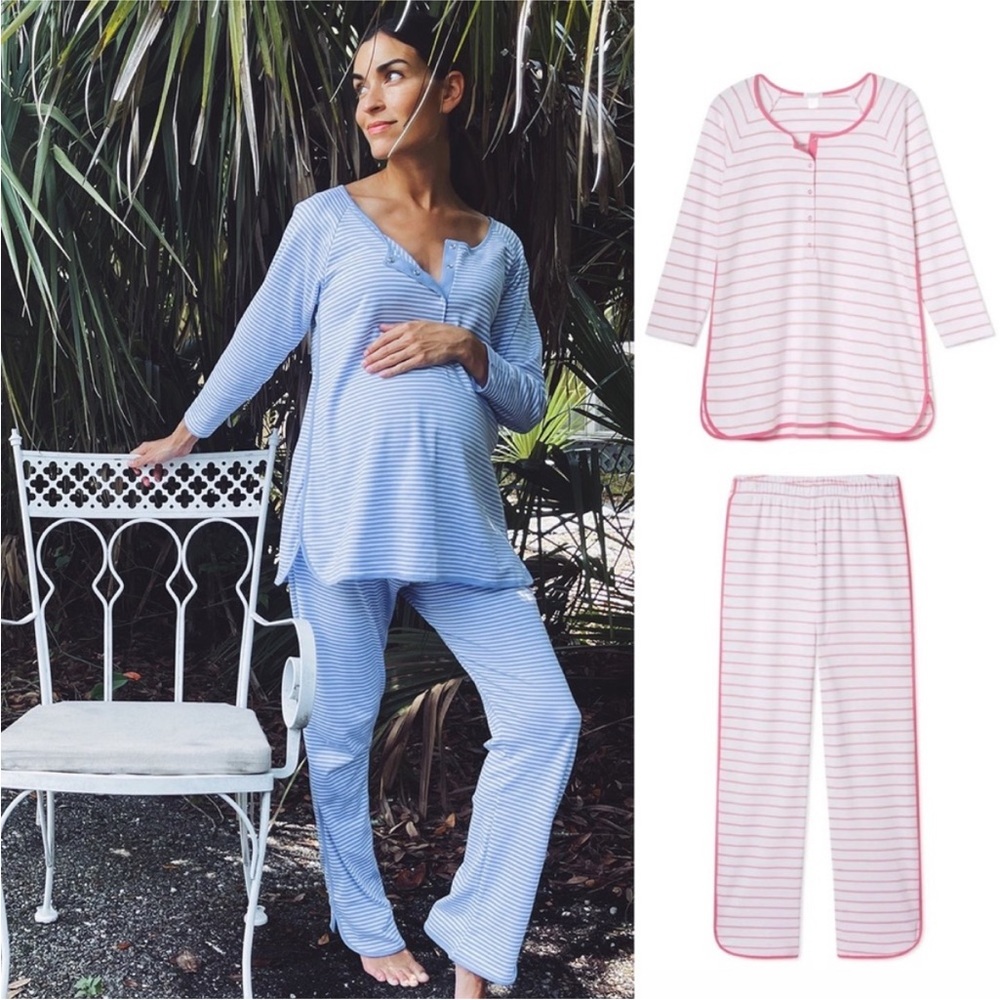 Lake Pajamas Pima Maternity Long-Long Set in pink stripe, size medium